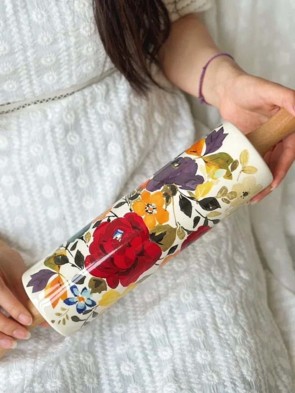 Pioneer Woman Ceramic rolling pin vintage floral pattern